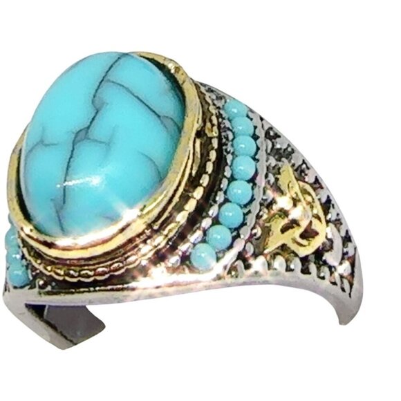Turquoise Ring Gold and Silver Tone Unisex Size 9-11 - Picture 4 of 16
